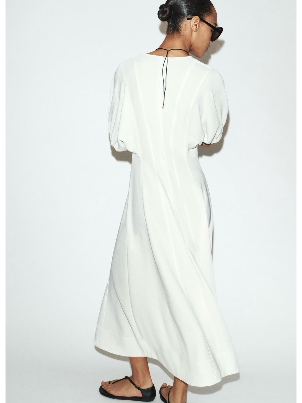 ZARA Ivory V-Neck Balloon Puff Sleeve MIDI Dress - Picture 6 of 8